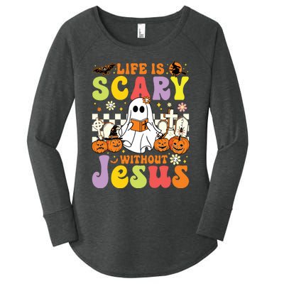 Ghost Halloween Life Is Scary Without Jesus Christian Lover Women's Perfect Tri Tunic Long Sleeve Shirt