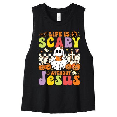 Ghost Halloween Life Is Scary Without Jesus Christian Lover Women's Racerback Cropped Tank