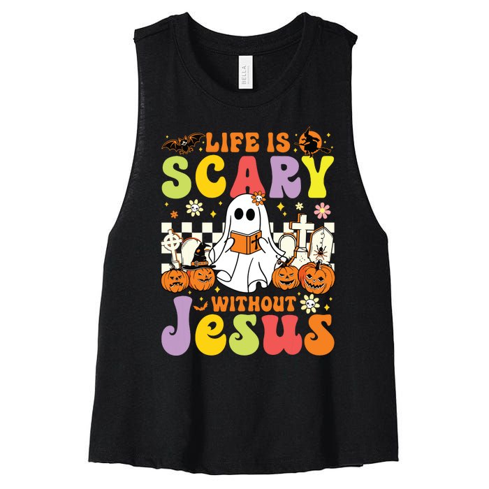 Ghost Halloween Life Is Scary Without Jesus Christian Lover Women's Racerback Cropped Tank