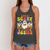 Ghost Halloween Life Is Scary Without Jesus Christian Lover Women's Knotted Racerback Tank