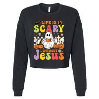 Ghost Halloween Life Is Scary Without Jesus Christian Lover Cropped Pullover Crew