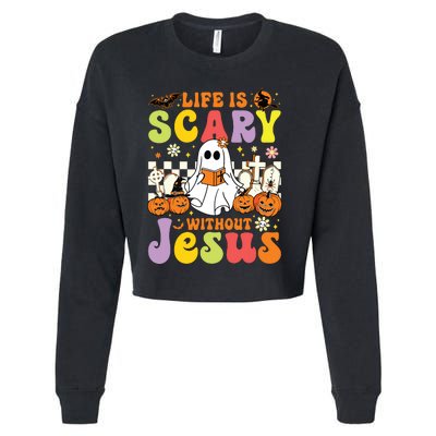 Ghost Halloween Life Is Scary Without Jesus Christian Lover Cropped Pullover Crew