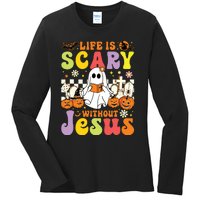 Ghost Halloween Life Is Scary Without Jesus Christian Lover Ladies Long Sleeve Shirt