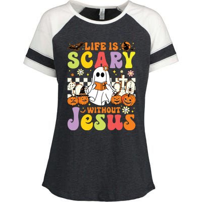 Ghost Halloween Life Is Scary Without Jesus Christian Lover Enza Ladies Jersey Colorblock Tee