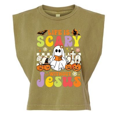 Ghost Halloween Life Is Scary Without Jesus Christian Lover Garment-Dyed Women's Muscle Tee