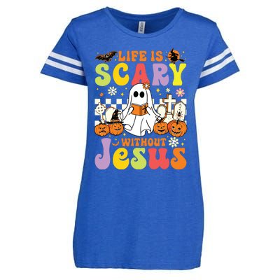 Ghost Halloween Life Is Scary Without Jesus Christian Lover Enza Ladies Jersey Football T-Shirt