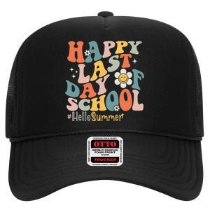 Groovy Happy Last Day of School Teacher Student Hello Summer High Crown Mesh Back Trucker Hat