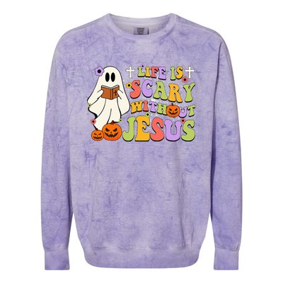 Groovy Halloween Life Is Scary Without Jesus Christian Lover Colorblast Crewneck Sweatshirt