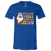 Groovy Halloween Life Is Scary Without Jesus Christian Lover V-Neck T-Shirt