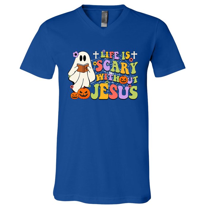 Groovy Halloween Life Is Scary Without Jesus Christian Lover V-Neck T-Shirt