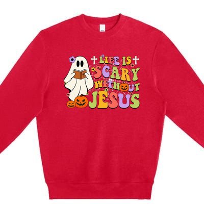 Groovy Halloween Life Is Scary Without Jesus Christian Lover Premium Crewneck Sweatshirt