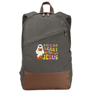 Groovy Halloween Life Is Scary Without Jesus Christian Lover Cotton Canvas Backpack