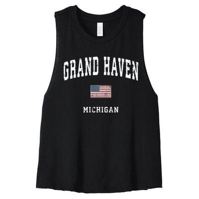 Grand Haven Michigan Mi Vintage American Flag Sports Design Women's Racerback Cropped Tank