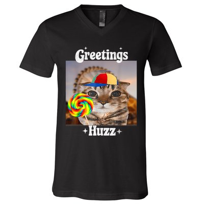 Greetings Huzz Meme Funny Cat Lollipop V-Neck T-Shirt
