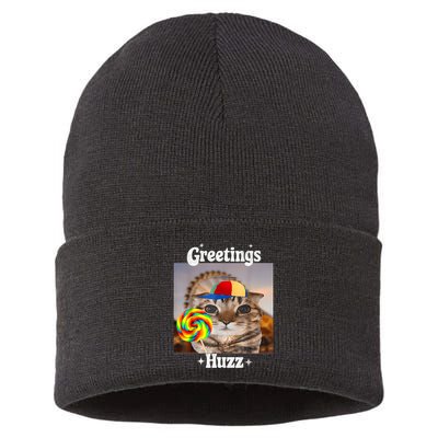 Greetings Huzz Meme Funny Cat Lollipop Sustainable Knit Beanie