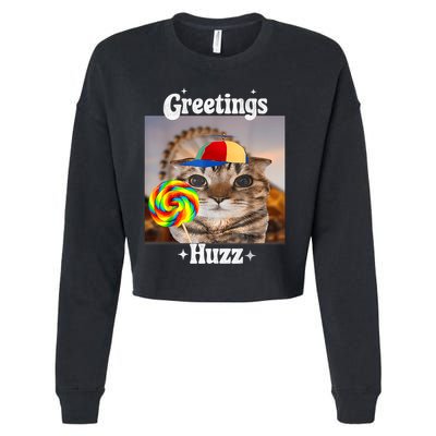 Greetings Huzz Meme Funny Cat Lollipop Cropped Pullover Crew