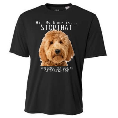 Goldendoodle Hi My Name Is Stop That Funny Dog Doodle Mom Cooling Performance Crew T-Shirt