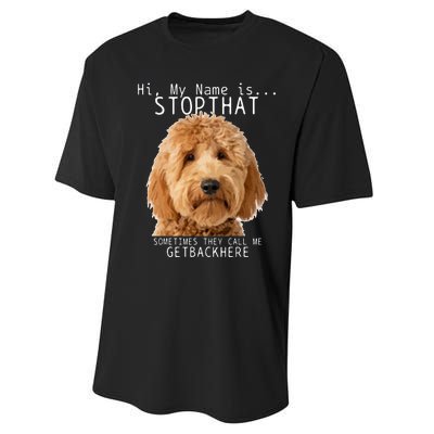 Goldendoodle Hi My Name Is Stop That Funny Dog Doodle Mom Performance Sprint T-Shirt