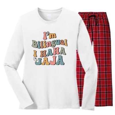 Groovy Hispanic Month Teacher I’m Bilingual I Haha and Jaja Women's Long Sleeve Flannel Pajama Set 