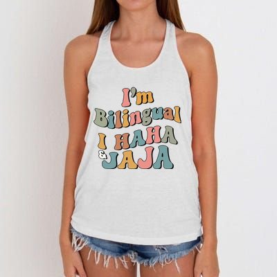 Groovy Hispanic Month Teacher I’m Bilingual I Haha and Jaja Women's Knotted Racerback Tank