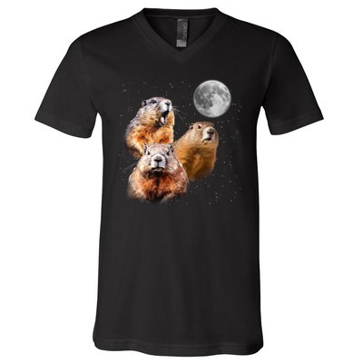 Groundhog Head Moon Funny Groundhog Day V-Neck T-Shirt