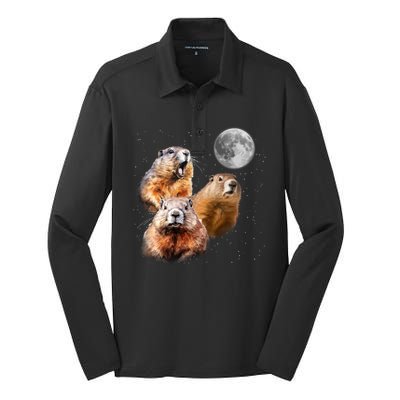 Groundhog Head Moon Funny Groundhog Day Silk Touch Performance Long Sleeve Polo