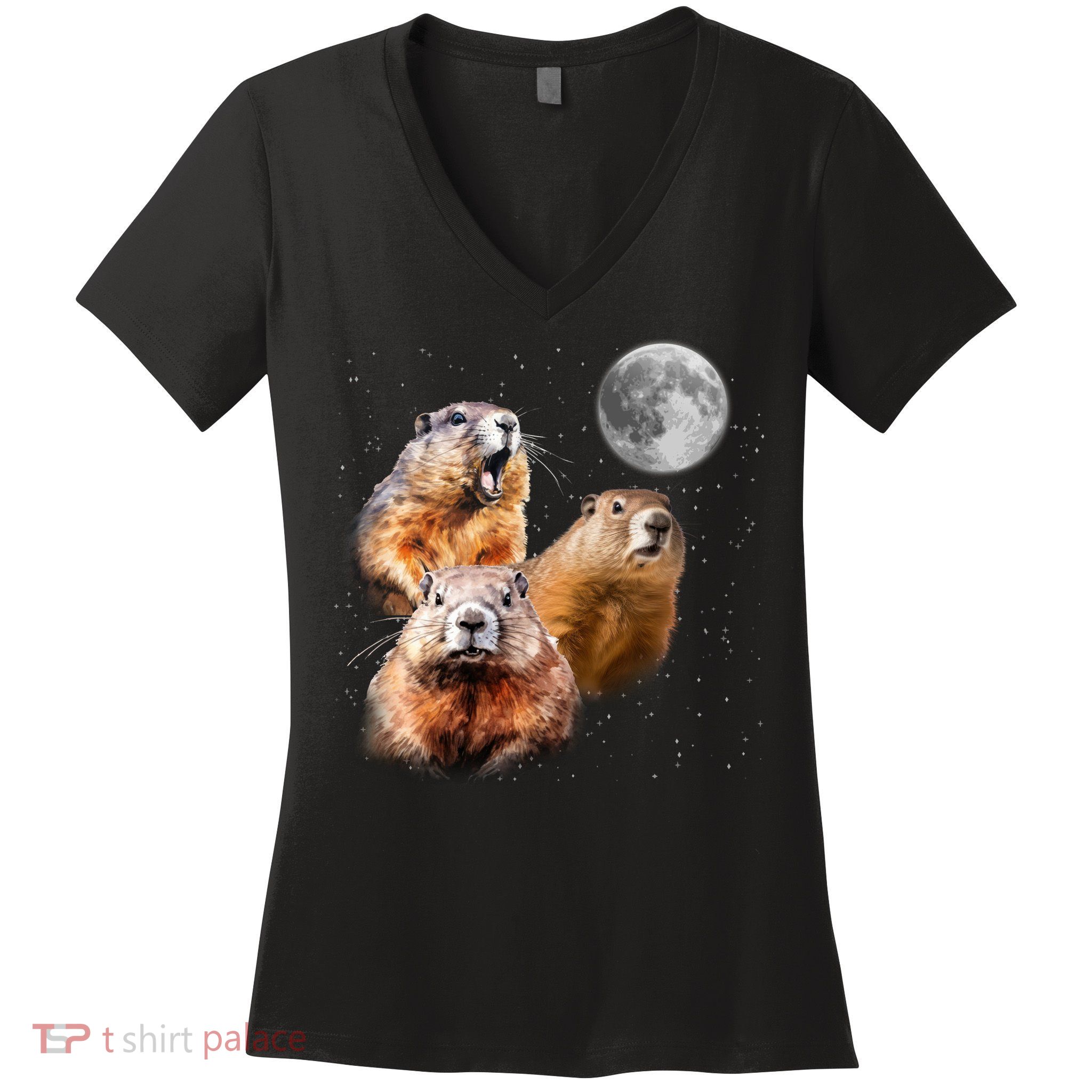Groundhog Head Moon Funny Groundhog Day Women's V-Neck T-Shirt