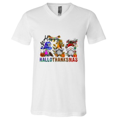 Gnomes Halloween Merry Christmas Happy Hallothanksmas V-Neck T-Shirt