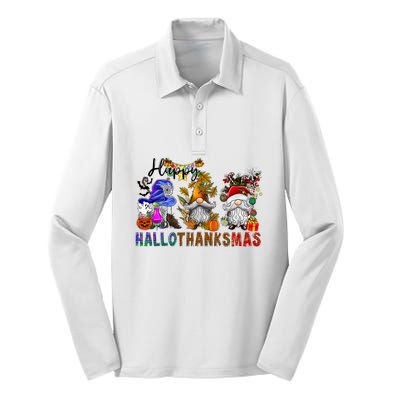 Gnomes Halloween Merry Christmas Happy Hallothanksmas Silk Touch Performance Long Sleeve Polo