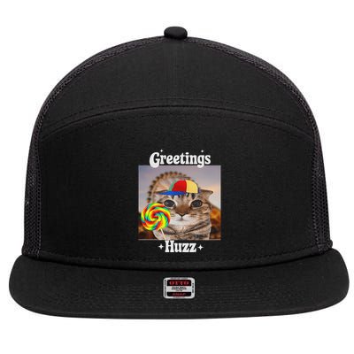 Greetings Huzz Meme Funny Cat Lollipop 7 Panel Mesh Trucker Snapback Hat