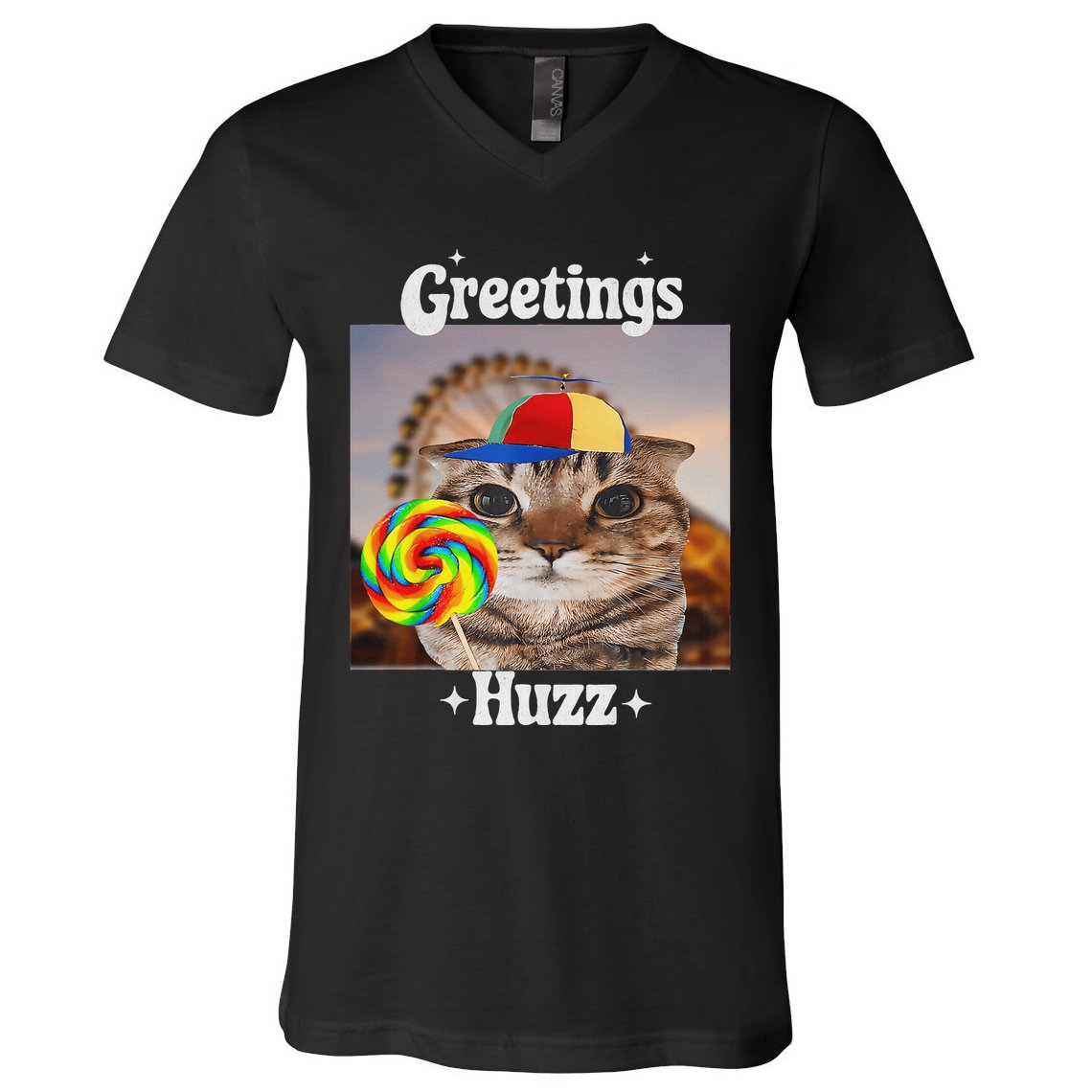 Greetings Huzz Meme Funny Cat Lollipop V-Neck T-Shirt