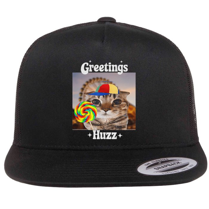 Greetings Huzz Meme Funny Cat Lollipop Flat Bill Trucker Hat