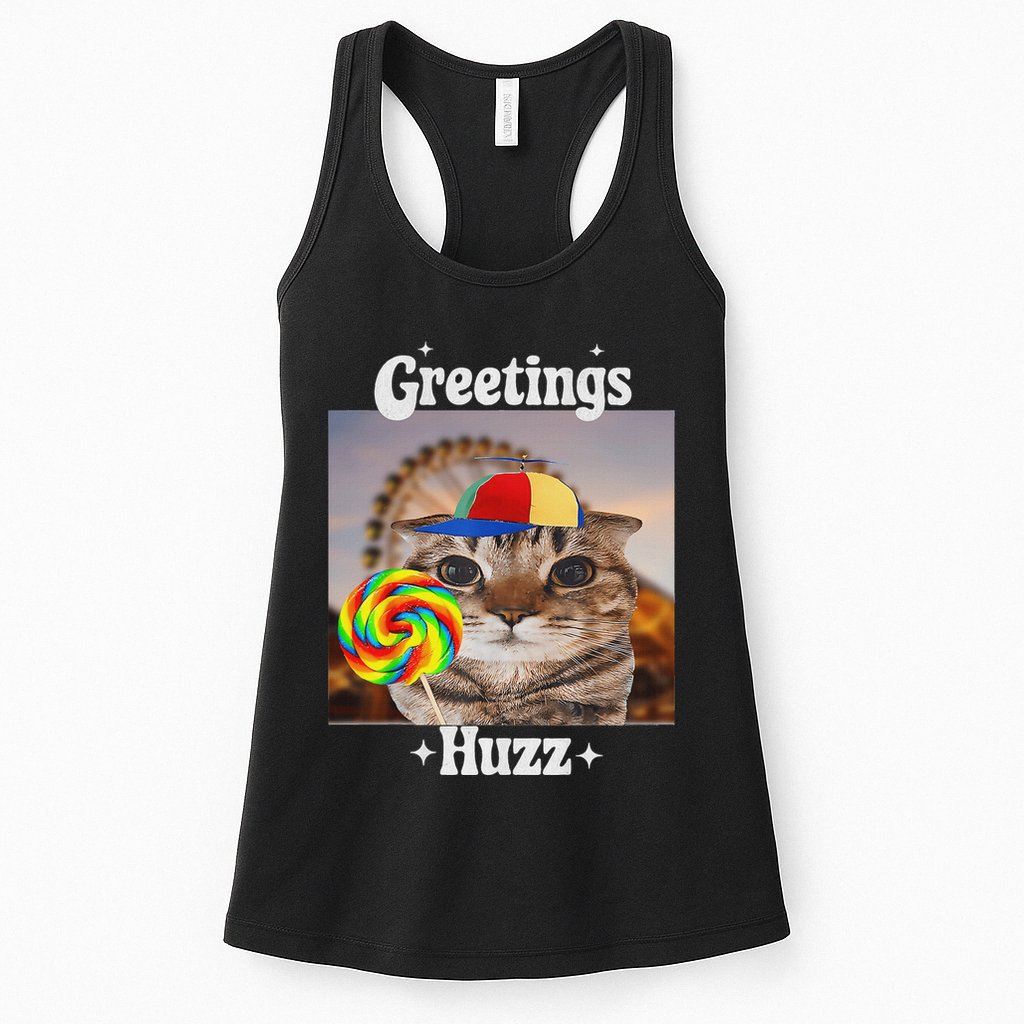 Greetings Huzz Meme Funny Cat Lollipop Womens Tank Top