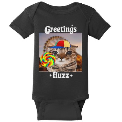 Greetings Huzz Meme Funny Cat Lollipop Baby Bodysuit
