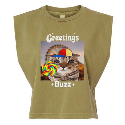 Greetings Huzz Meme Funny Cat Lollipop Garment-Dyed Women's Muscle Tee