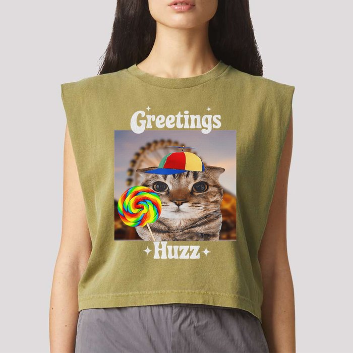 Greetings Huzz Meme Funny Cat Lollipop Garment-Dyed Women's Muscle Tee