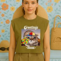 Greetings Huzz Meme Funny Cat Lollipop Garment-Dyed Women's Muscle Tee