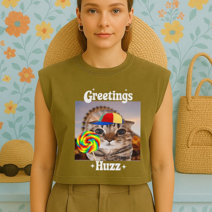 Greetings Huzz Meme Funny Cat Lollipop Garment-Dyed Women's Muscle Tee