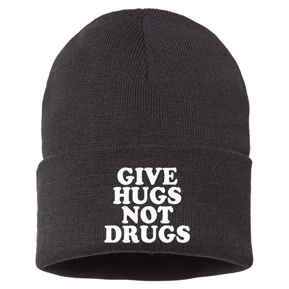Give Hugs Not Drugs Slogan Awareness Red Ribbon Week Sustainable Knit Beanie