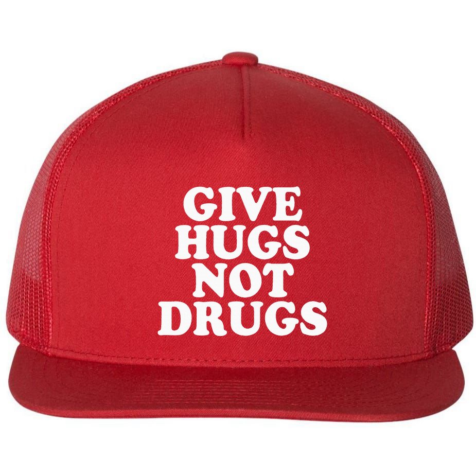 Give Hugs Not Drugs Slogan Awareness Red Ribbon Week Flat Bill Trucker Hat