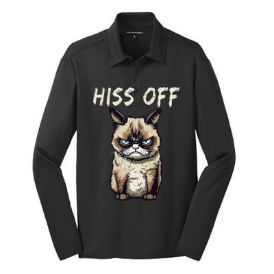 Grumpy Hiss Off Cat Meow Cat Silk Touch Performance Long Sleeve Polo