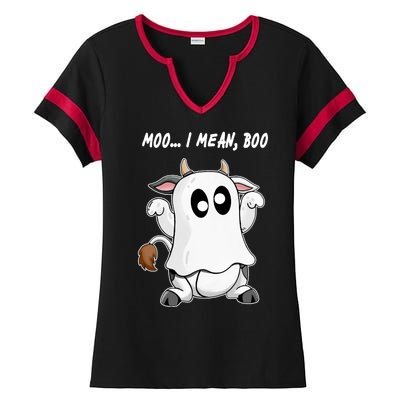 Ghost Cow Moo I Mean Bo Funny Halloween Ladies Halftime Notch Neck Tee