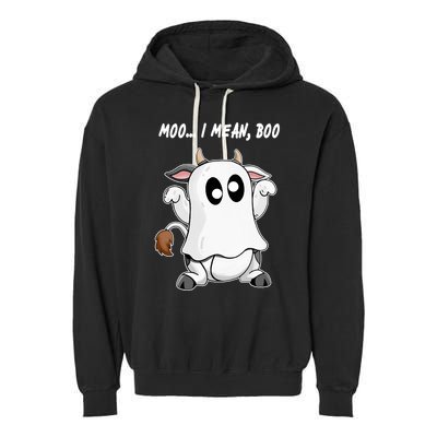 Ghost Cow Moo I Mean Bo Funny Halloween Garment-Dyed Fleece Hoodie
