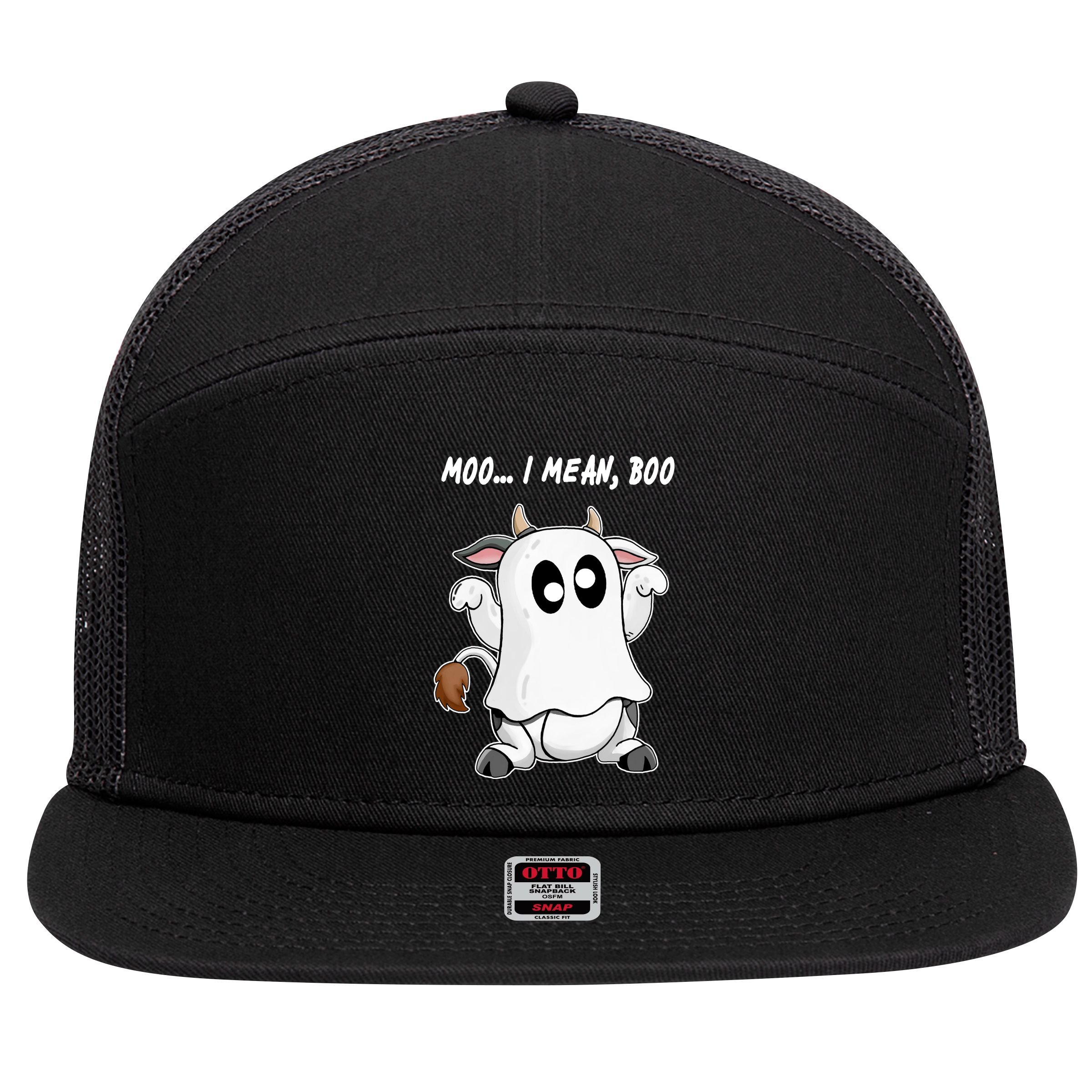 Ghost Cow Moo I Mean Bo Funny Halloween 7 Panel Mesh Trucker Snapback Hat
