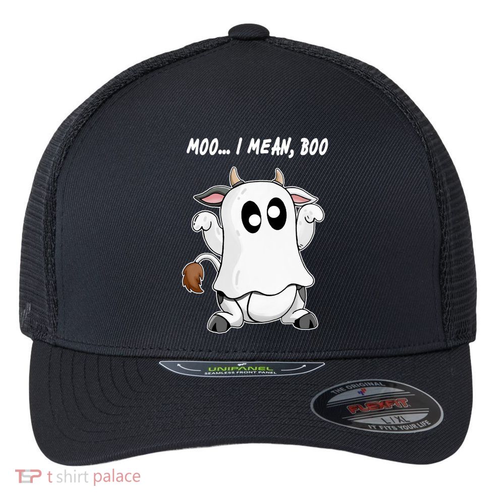 Ghost Cow Moo I Mean Bo Funny Halloween Flexfit Unipanel Trucker Cap