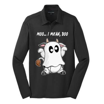 Ghost Cow Moo I Mean Bo Funny Halloween Silk Touch Performance Long Sleeve Polo