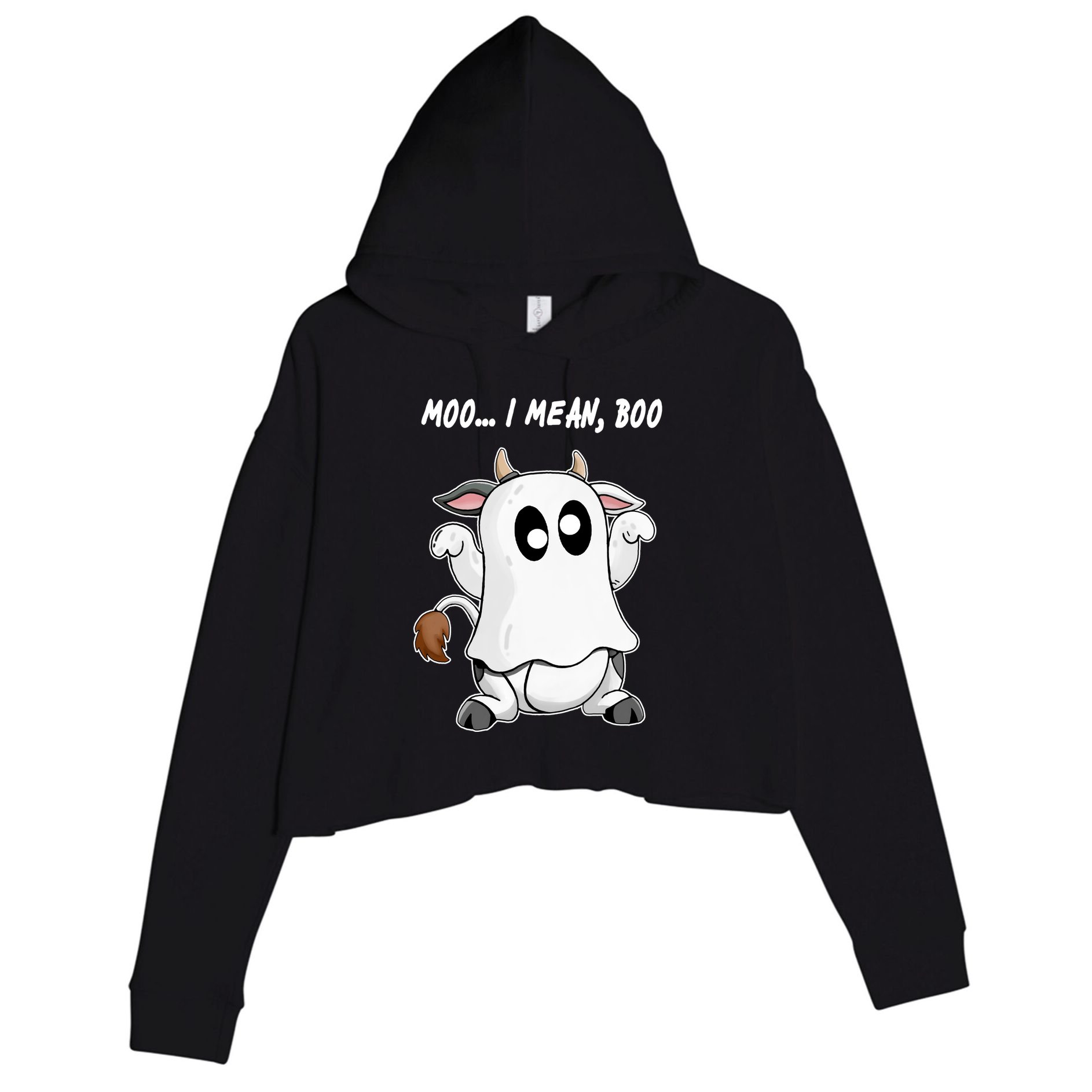 Ghost Cow Moo I Mean Bo Funny Halloween Crop Fleece Hoodie