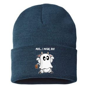 Ghost Cow Moo I Mean Bo Funny Halloween Sustainable Knit Beanie