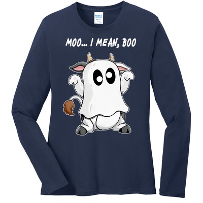 Ghost Cow Moo I Mean Bo Funny Halloween Ladies Long Sleeve Shirt