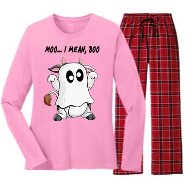 Ghost Cow Moo I Mean Bo Funny Halloween Women's Long Sleeve Flannel Pajama Set 